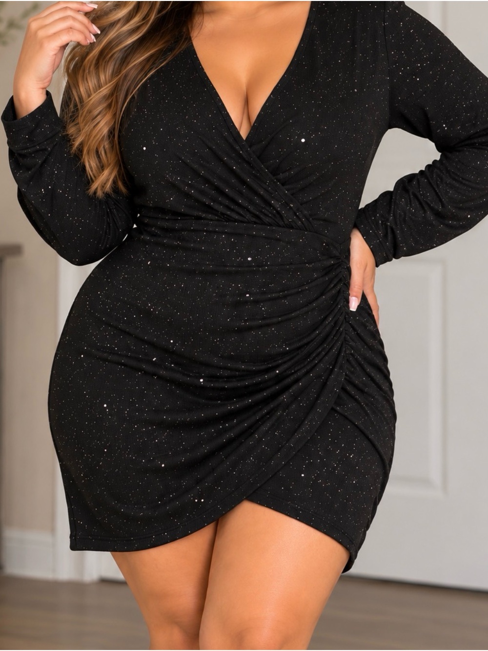 Black Sparkle Ruched Wrap Mini Dress